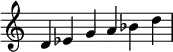 {
\override Score.TimeSignature #'stencil = ##f
\relative c' {
\clef treble \key c \major \time 6/4
d ees g a bes d
} }