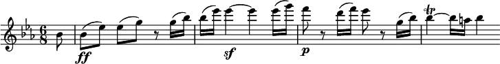 
\relative c'' {
  \key es \major \time 6/8 \set Score.tempoHideNote = ##t \tempo 4 = 150
  \partial 8 bes8 | bes8\ff( es) es([ g)] r g16( bes) |
  bes16( es) es4~\sf es es16( g) |
  f8\p r d16( f) es8 r g,16( bes) |
  bes4\trill~ bes16 a bes4
}
