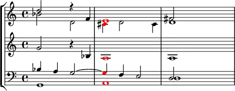 {
\override Score.SpacingSpanner.strict-note-spacing = ##t
\set Score.proportionalNotationDuration = #(ly:make-moment 1/8)
<< \new StaffGroup <<
\new Staff <<
\new Voice \relative c'' {
\clef treble \time 4/4 \key c \major
\voiceOne d2 r4 f, \once \override NoteHead.color = #red e1 fis2
}
\new Voice \relative c'' {
\clef treble \time 4/4 \key c \major
\voiceTwo bes2 d, \once \override NoteHead.color = #red cis4 d2 cis4 d1
}
>>
\new Staff <<
\new Voice \relative c'' {
\clef treble \time 4/4 \key c \major
\stemUp g2 r4 bes, \once \override NoteHead.color = #red a1 a
}
>>
\new Staff <<
\new Voice \relative c' {
\clef bass \time 4/4 \key c \major
\voiceOne bes4 a g2~ \once \override NoteHead.color = #red g4 f e2 d
}
\new Voice \relative c {
\clef bass \time 4/4 \key c \major
\voiceTwo g1 \once \override NoteHead.color = #red a d
}
>>
>>
>> }