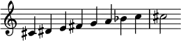 {
\override Score.TimeSignature #'stencil = ##f
\relative c' {
\clef treble \key c \major \time 8/4
cis4 dis e fis g a bes c cis2
} }
