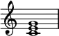 {
\override Score.TimeSignature #'stencil = ##f
\relative c' {
\clef treble \time 4/4
<c e g>1
} }