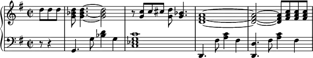 {
\new PianoStaff <<
\new Staff <<
\relative c'' {
\clef treble \key g \major \time 2/2
\partial4. d8 d d
<g, bes d>8 <g~ bes~ d~>4. <g bes d>2
r8 <g c> c cis <g d'> <g bes>4.
<d~ fis~ a~>1
<d~ fis~ a~>2 <d fis a>8 <fis a c> <fis a c> <fis a c>
}
>>
\new Staff <<
\relative c {
\clef bass \key g \major \time 2/2
\partial4. r8 r4
g4. g'8 <bes d>4 g
<c, es g c>1
d,4. fis'8 <a c>4 fis
<d, d'>4. fis'8 <a c>4 fis
}
>>
>> }