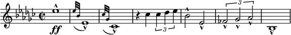 { \new PianoStaff <<
\new Staff \relative es'' { \set Staff.midiInstrument = #"piano" \key es \minor \clef treble \time 2/2 \set Score.tempoHideNote = ##t \tempo 2 = 50
es1 \ff ^^ | % 2
\acciaccatura { es32 bes32 } es,1 _^ | % 3
\acciaccatura { ces'32 ges32 } ces,1 _^ | % 4
r4 ces'4 \times 2/3 {
ces4 des4 es4
}
| % 5
bes2 ^^ es,2 _^ | % 6
\times 2/3 {
fes2 _^ ges2 _^ as2 _^
}
| % 7
bes,1 _^
}
>> }