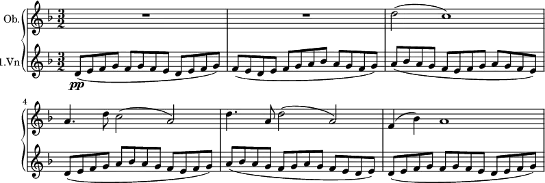 { \new PianoStaff << \new Staff \relative c' { \set Staff.instrumentName = #"Ob." \clef treble \key d \minor \time 3/2 \set Staff.midiInstrument = #"oboe" R1. | R1. | d'2( c1) | a4. d8 c2( a) | d4. a8 d2( a) | f4( bes) a1 } \new Staff \relative c' { \set Staff.instrumentName = #"1.Vn" \set Staff.midiInstrument = #"violin" \clef treble \key d \minor \time 3/2 d8(\pp e f g f g f e d e f g) | f( e d e f g a bes a g f g) | a( bes a g f e f g a g f e) | d( e f g a bes a g f e f g) | a( bes a g f g a g f e d e) | d( e f g f g f e d e f g) } >> } \midi{\tempo 4 = 100}