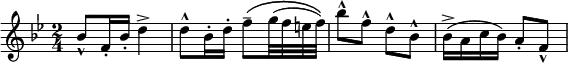 \relative c'' {
\set Staff.midiInstrument = #"flute"
\key bes \major
\time 2/4
bes8-^ f16-. bes-. d4-> | d8-^ bes16-. d-. f8\(-- g32( f e f)\) | bes8-^ f-^ d-^ bes-^ | bes16(-> a c bes) a8-. f-^
}