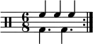 \new Staff <<
\new voice \relative c' {
\clef percussion
\time 6/8
\set Score.tempoHideNote = ##t \tempo 4. = 80
\stemDown \repeat volta 2 { g4. g }
}
\new voice \relative c' {
\stemUp \repeat volta 2 { f4 f f }
}
>>