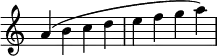 {\override Score.TimeSignature #'stencil = ##f \relative c'' { a4( b c d e f g a) } }