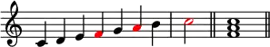 {
\override Score.TimeSignature #'stencil = ##f
\relative c' {
\clef treble
\time 7/4 c4 d e \once \override NoteHead.color = #red f g \once \override NoteHead.color = #red a b \time 2/4 \once \override NoteHead.color = #red c2 \bar "||"
\time 4/4 <f, a c>1 \bar "||"
} }