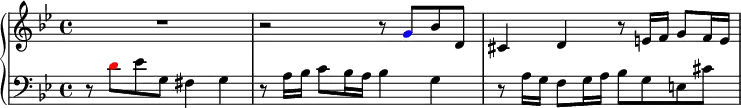 \new PianoStaff <<
\new Staff \fixed c' {
\key g \minor
R1 |
r2 r8 \once \override NoteHead.color = #blue g bes d |
cis4 d r8 e16 f g8 f16 e |
}
\new Staff {
\clef bass
\key g \minor
r8 \once \override NoteHead.color = #red d' ees' g fis4 g |
r8 a16 bes c'8 bes16 a bes4 g |
r8 a16 g f8 g16 a bes8 g e cis' |
}
>>