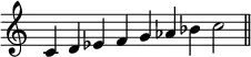 {
\override Score.TimeSignature #'stencil = ##f
\relative c' {
\clef treble
\time 9/4
c4 d es f g aes bes c2 \bar "||"
} }