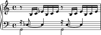 {
<<
\new PianoStaff <<
\new Staff <<
\tempo 8=116 \set Score.tempoHideNote = ##t
\clef treble \key c \major \time 4/4
\new Voice \relative c' {
r8 b16 c es b c es r8 b16 c es b c es
}
>>
\new Staff <<
\clef bass \key c \major \time 4/4
\new Voice \relative c {
\voiceOne r16 es8._~ es4 r16 es8._~ es4
}
\new Voice \relative c {
\voiceTwo g2 g
}
>> >>
>> }