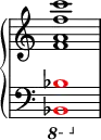 { \override Score.TimeSignature #'stencil = ##f
\new PianoStaff <<
\new Staff <<
\relative c' {
\stemUp \clef treble \key c \major \time 4/4
<f a f' c'>1
}
>>
\new Staff <<
\relative c, {
\clef bass \key c \major \time 4/4
\ottava #-1 \once \override NoteHead.color = #red <bes bes'>1
}
>>
>>
}