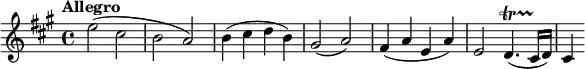 \relative c'' { \set Staff.midiInstrument = #"violin"
\tempo "Allegro"
\tempo 4 = 126
\key a \major
\time 4/4
e2( cis | b a) | b4( cis d b) | gis2( a) | fis4( a e a) | e2 d4.(\startTrillSpan cis16\stopTrillSpan d) | cis4
}
