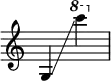 {
\override Score.SpacingSpanner.strict-note-spacing = ##t
\set Score.proportionalNotationDuration = #(ly:make-moment 1/8)
\override Score.TimeSignature #'stencil = ##f
\relative c' {
\time 2/4
\ottava #0 g4 \glissando
\ottava #1 c'''
}
}