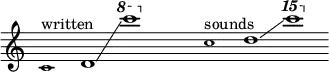 {
\new Staff \with { \remove "Time_signature_engraver" }
\clef treble \key c \major \cadenzaOn
\tweak font-size #-2 c'1 ^ \markup "written"
d'1 \glissando \ottava #+1 c''''1 \ottava #0
\hide r1
\tweak font-size #-2 c''1 ^ \markup "sounds"
d''1 \glissando \ottava #+2 c'''''1
}