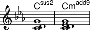 <<
\new ChordNames \chordmode {
\set additionalPitchPrefix = #"add"
c1:sus2 c:3-.5.9
}
\new Staff \chordmode {
\key c \minor
\omit Staff.TimeSignature
c1:sus2 c:3-.5.2
}
>>
