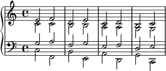 {
\new PianoStaff <<
\new Staff <<
\new Voice \relative c' {
\stemUp e2 f d e c d b c
}
\new Voice \relative c' {
\stemDown c2 c b b a a g g
}
>>
\new Staff <<
\new Voice \relative c' {
\clef F
\stemUp g2 a f g e f d e
}
\new Voice \relative c {
\stemDown c f, b e, a d, g c,
}
>>
>> }
