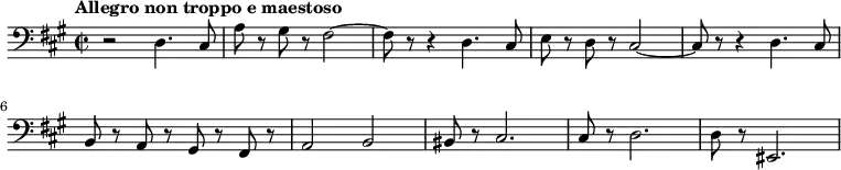 \relative c {
\new Staff {
\key fis \minor \time 2/2 \clef bass \tempo "Allegro non troppo e maestoso"
<<
{
r2 d4. cis8 a' r gis r fis2 ~ fis8 r r4 d4. cis8 e r d r cis2 ~
cis8 r r4 d4. cis8 b r a r gis r fis r a2 b2 bis8 r cis2. cis8 r d2. d8 r eis,2.
}
>>
}
}