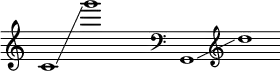 {
\new Staff \with { \remove "Time_signature_engraver" }
\clef treble \key c \major \cadenzaOn
c'1 \glissando g'''1
\hide r1
\clef bass
g,1 \glissando \clef treble d''1
}