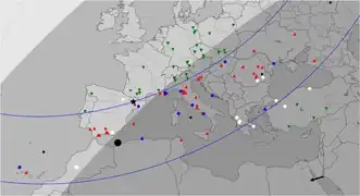 Map showing the location of telescopes that participated in the 8 August 2020 occultation campaign. Telescopes within the path of Máni's shadow (region between the two solid blue curves) made positive detections (blue and red points), whereas telescopes outside the path made negative detections (green points).