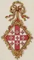 Argent a cross gules quarterly pierced nine crosses crosslet, three, three, and three counterchanged (the first quarter ermine for distinction) (Mary Ann Harvey Bonnell 1841)
